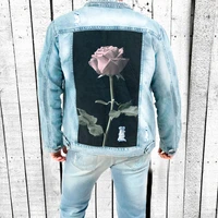 mens 2021 new coat denim jacket winter casual lapel ripped rose flower personality printed denim jacket male