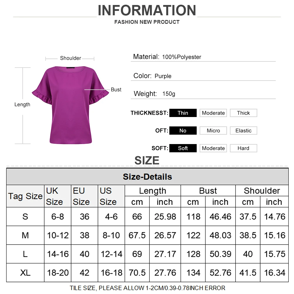 

Fashion Women T-shirt Ruffle Short Sleeve Crew Neck Spring Summer Solid Color Polyester Loose T-shirt Tops Women's Clothing D30