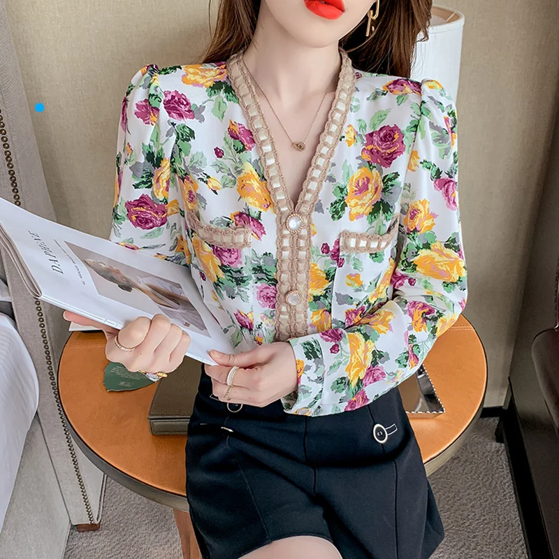 

ZAWAHIKI Spring Blouse Women V-neck Floral Full Chiffon Korean Fashion Elegant Blusas Vintage 2021 Offcie Ladies Shirts