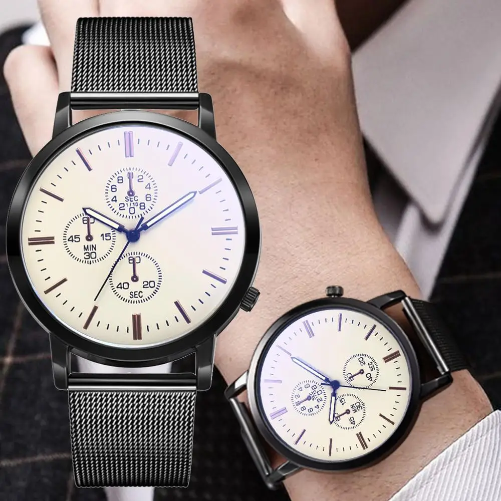 Классические простые мужские часы с ремешком из нержавеющей стали модные