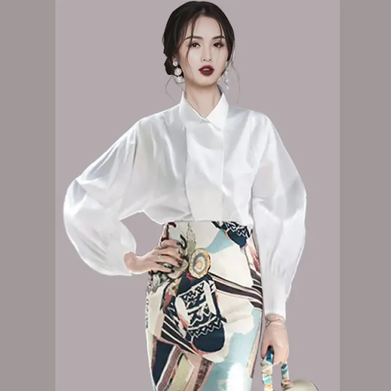 

Temperament Long Sleeve White Shirts Print Skirts Women New Office 2 Pieces Set Blouses And High Waist Skirts Korean Lady Suits