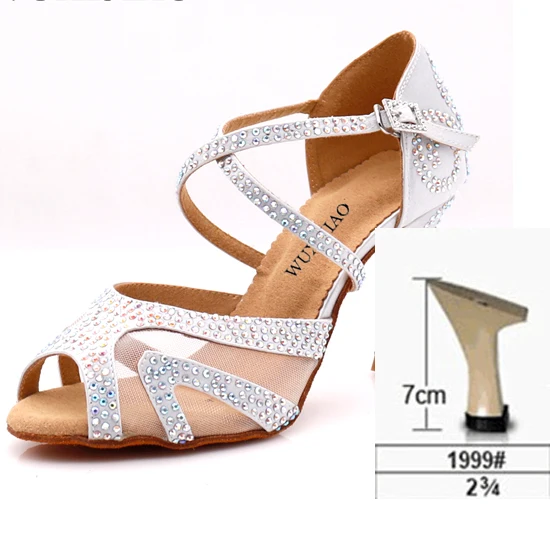 heel 7cm WUXIJIAO/Серебристые атласные латинские женские туфли для танцев; вечерние туфли со стразами для бальных танцев; женская обувь 9 см - Цвет: heel 7cm