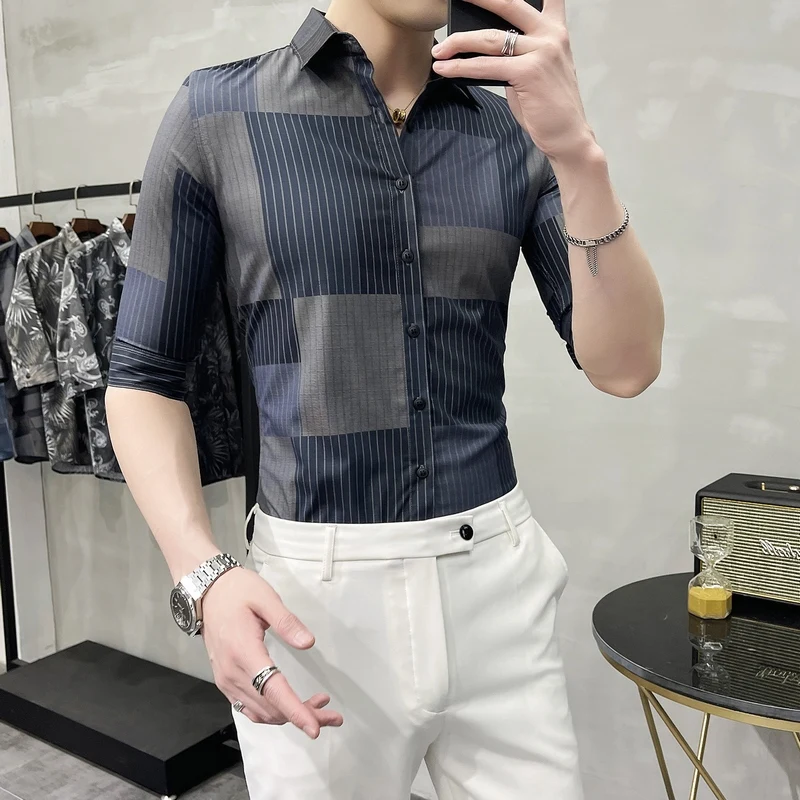 

2021 Summer Striped Contrast Men Shirt Night Club Streetwear Social Shirts Casual Slim Fit Half Sleeve Shirts Chemise Homme