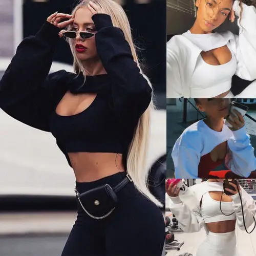 Женский свитшот с длинным рукавом черный/белый пуловер вырезом короткий джемпер