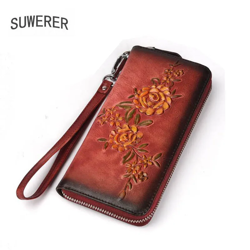 

SUWERER New Women Genuine Leather Bag Retro Embossing bag real cowhide wallet Luxury women Clutch bag