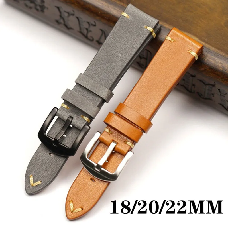 

Handmade Yellow Grey Watchband Italian Vegetable Tanned Leather Strap 18mm 20mm 22mm Retro Calfskin Strap For Seiko Casio Omega