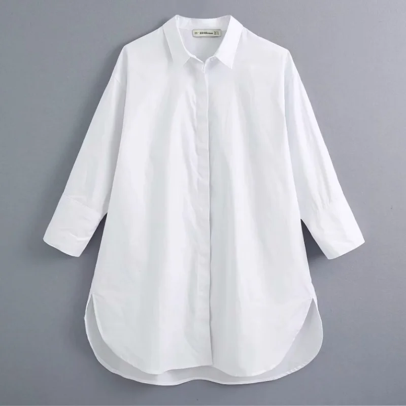 

European and American women's white double placket casual shirt