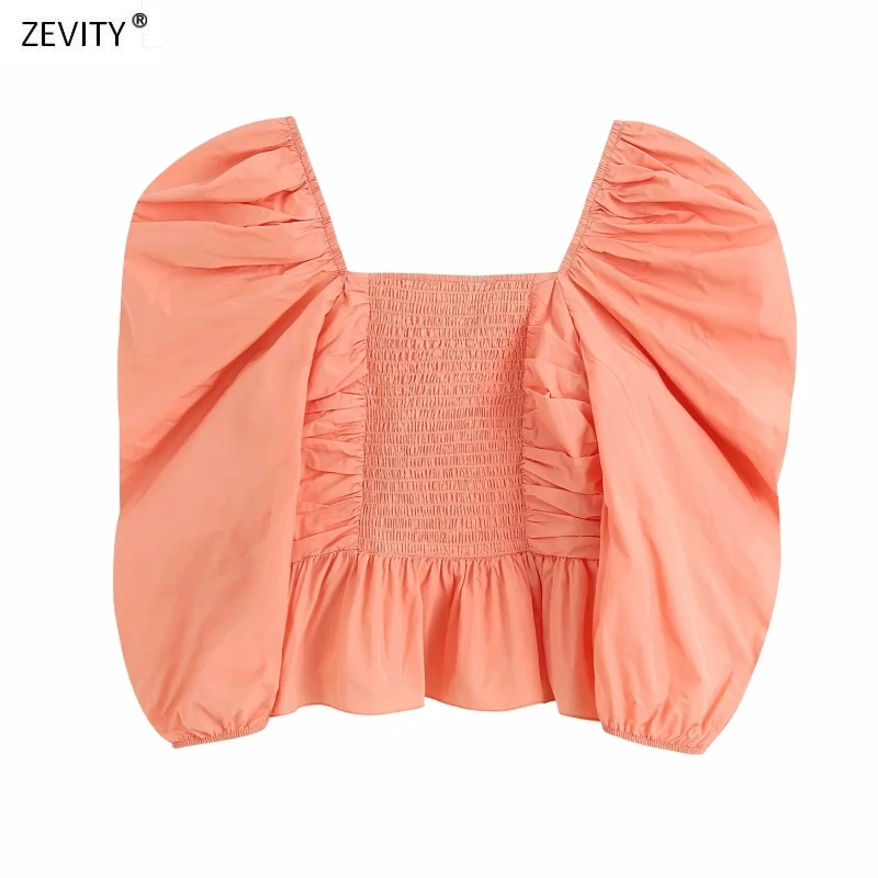 Женская однотонная плиссированная блузка с рукавами-фонариками и оборками