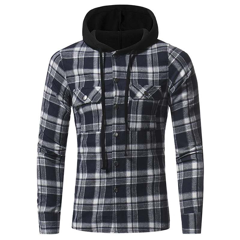 Men Plaid Shirts 2019 New Fashion Korean Wild Long Sleeve Flannel Hooded Shirt Casual Slim Fit Plus Size Cotton Men's Clothing | Мужская
