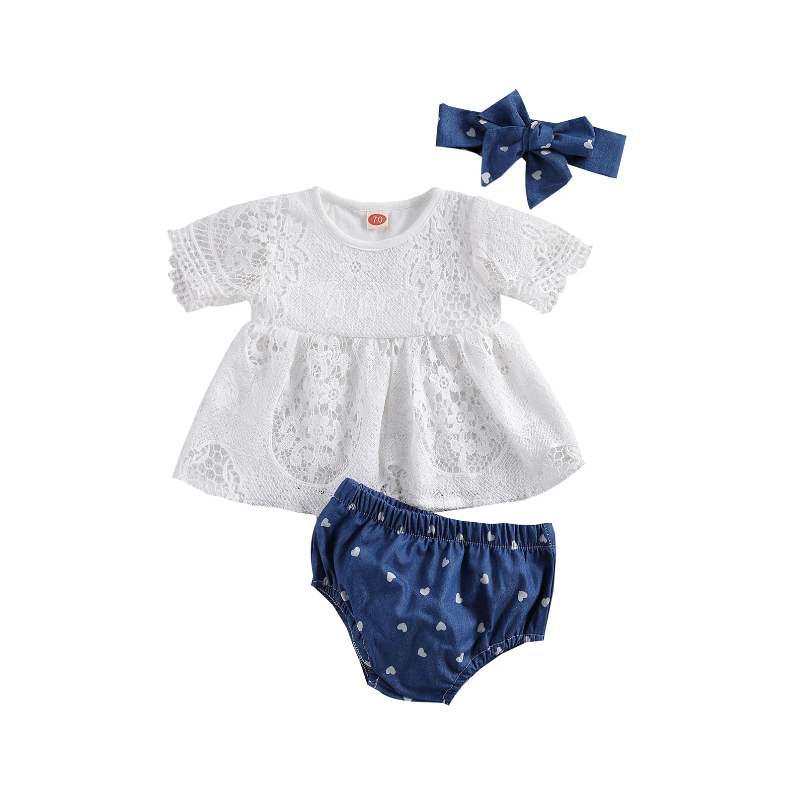

3Piece Baby Girl’s Clothes Lace Solid Color Short Sleeve Tops and Heart Print Wrapped Shorts and Headband Girl Summer Clothing