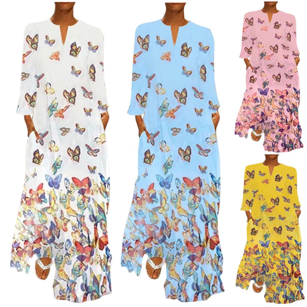 

Women Boho Long Maxi Dress Butterfly Print Beach V-neck Sleeveless Suspenders Plus Size Clothing Ankle-Length Summer 2021