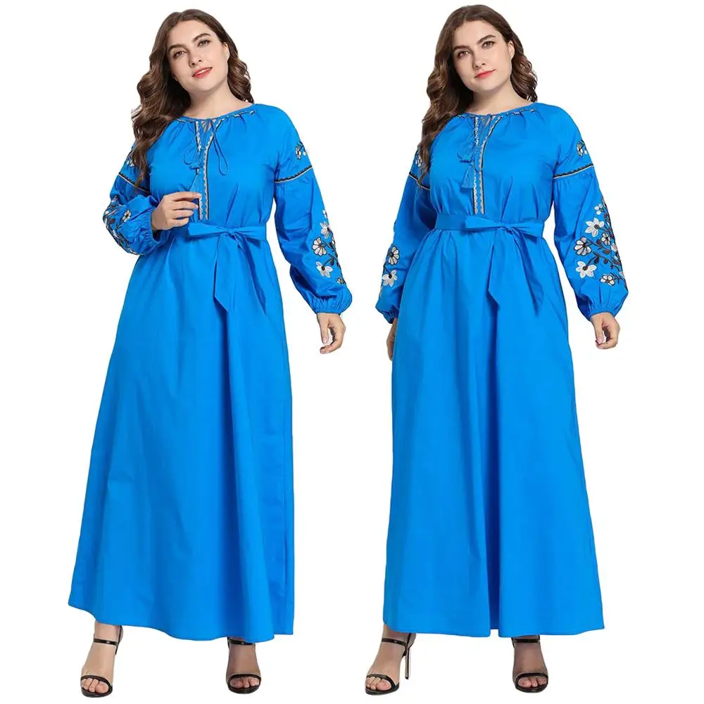 

Plus Size Women Embroidery Abaya Muslim Party Cocktail Kaftan Robe Maxi Dress Arab Islamic Clothing O-neck Loose Dress 2019 New