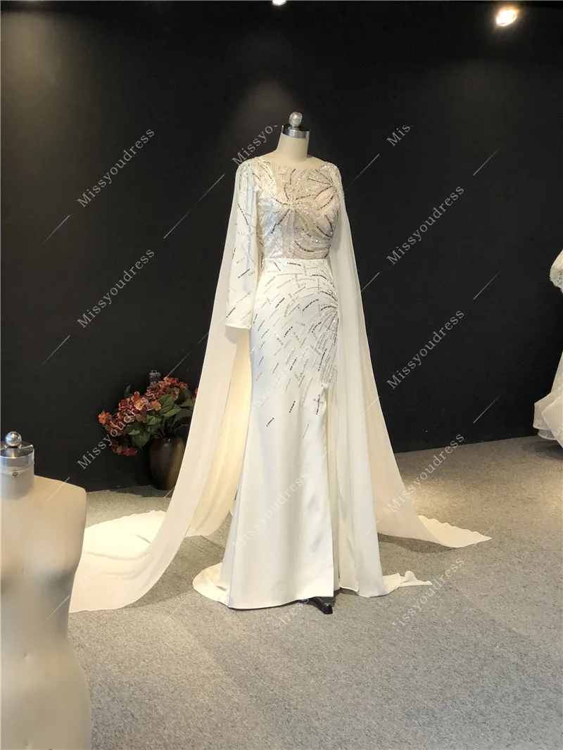 2021 Newest High Quality Customized Ivory Heavy Beadings Long sleeveless O-neck Mermaid Split Floor Length Prom Evening Dresses