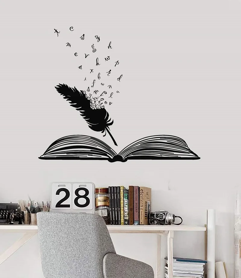 

Open Book and Feather Vinyl Wall Decal School Library Classroom Study Bedroom Home Decor Art Wall Sticker LW457