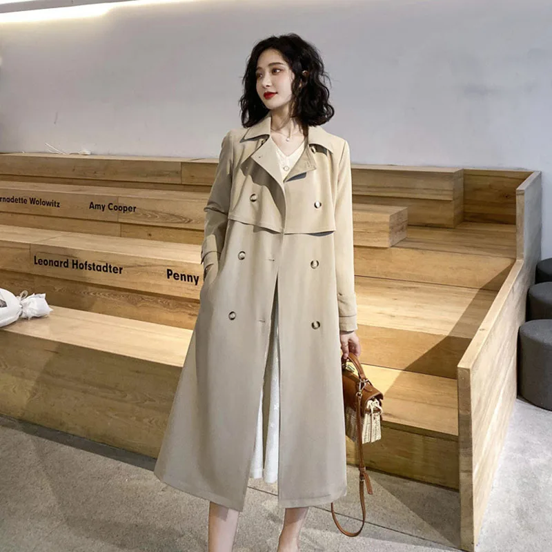 

Женский Тренч, весенний Повседневный двубортный тренч на шнуровке, женская верхняя одежда выше колена, 2020