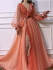 Новое оранжевое элегантное вечернее платье трапециевидной формы с v-образным вырезом, Длинные вечерние платья с разрезом спереди и объемными цветами, Robe De Soiree