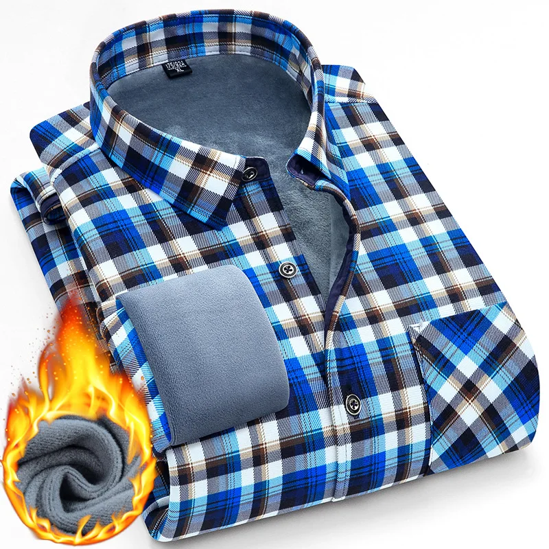 Men Winter Thermal Shirts Warm Fleece Underwear Plaid Flannel Social Thick Tops Long Sleeves Clothes