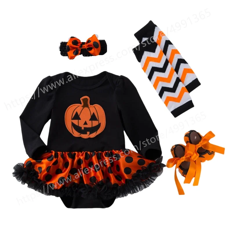 

Toddler Baby Girl Halloween Outfits Long Sleeve Top Dress+Legging Pants+Headband Pumpkin Clothes Set