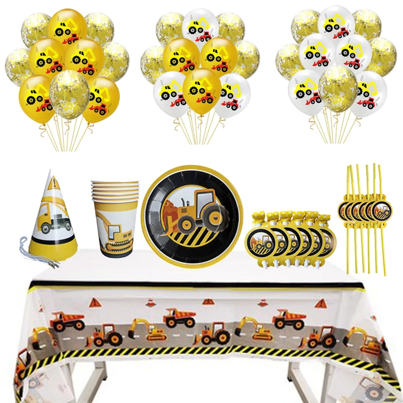 

Construction Theme Paper Plates Cup Tablecloth Disposable Tableware Set Children Cartoon Car Birthday Party Supply Decoration
