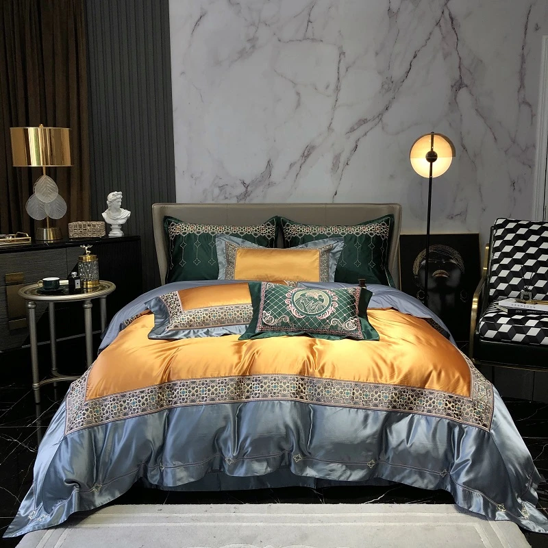 

Luxury High Precision Embroidery Egyptian Cotton European Retro Palace Bedding Set Satin Silky Duvet Cover Bed Sheet Pillowcase