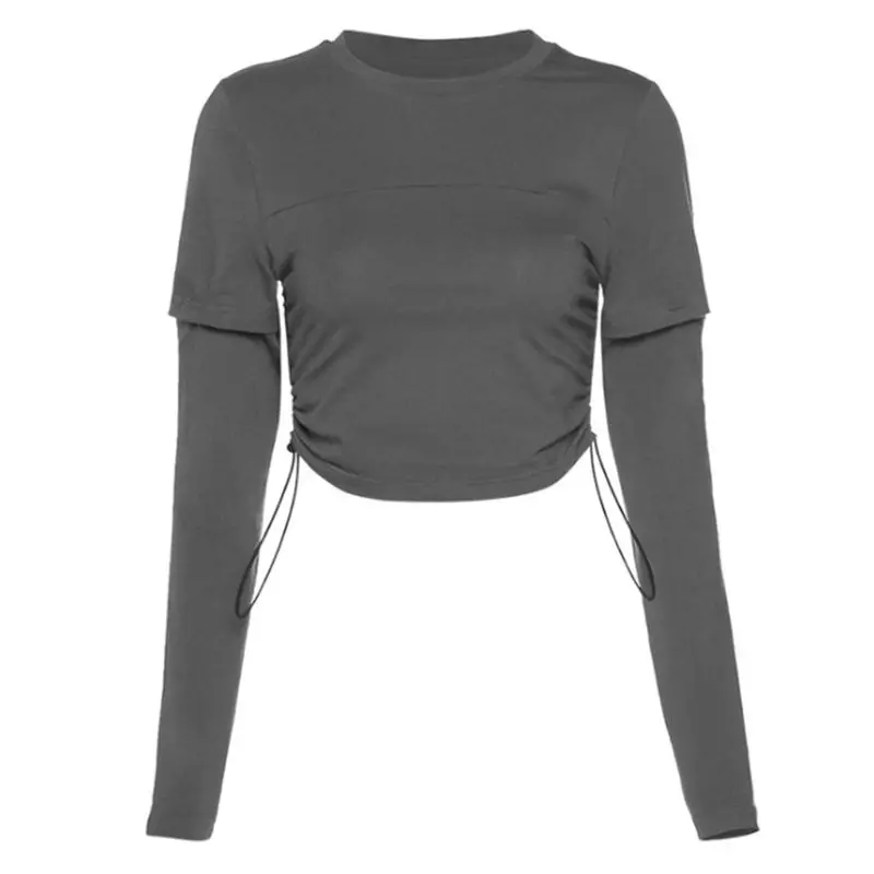 

Women Autumn Detachable Long Sleeve T-Shirt O-Neck Solid Color Slim Crop Top Ruched Side Drawstring Harajuku Fitness Sports Stre