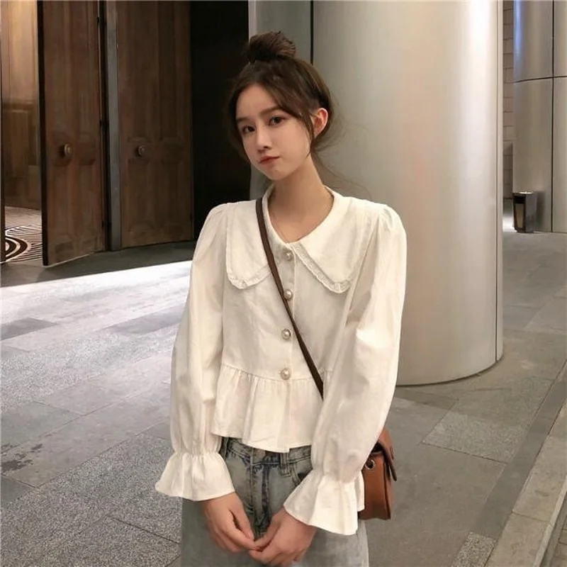 

Shirts Women Peter Pan Collar Folds Button Kawaii Short Style Blouses Ruffles Vintage Classic Aesthetic Puff Sleeve Casual Lace