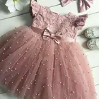 Кружевное платье принцессы с жемчугом и цветочным принтом для маленьких девочек, праздничное Пышное Тюлевое платье-пачка с бантом, От 2 до 7 лет