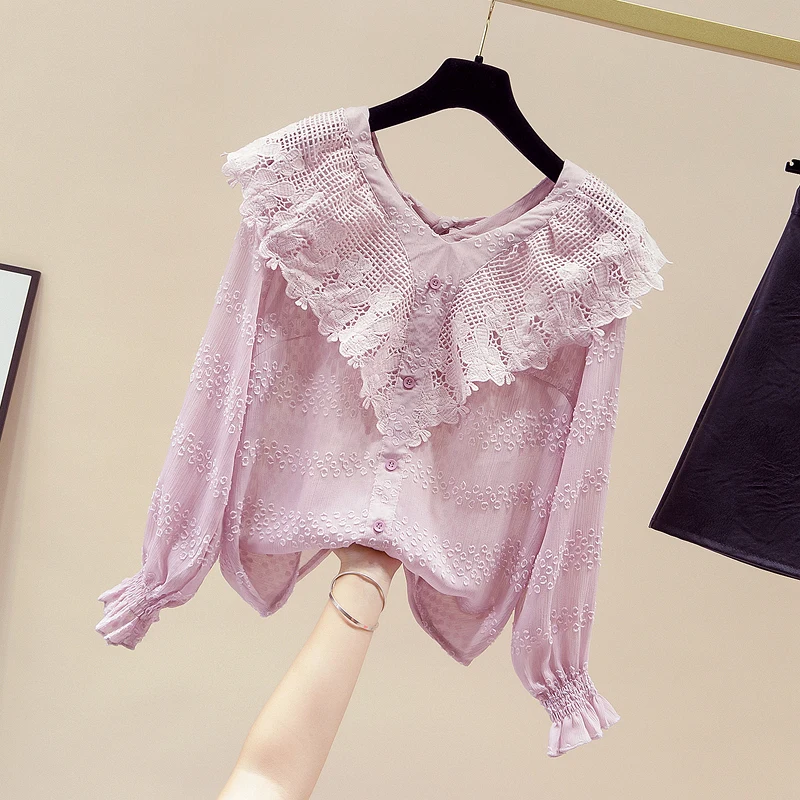 

Женская шифоновая блузка с длинными рукавами, элегантная ажурная Блузка с V-образным вырезом, кружевной бантом на спине, весна-осень