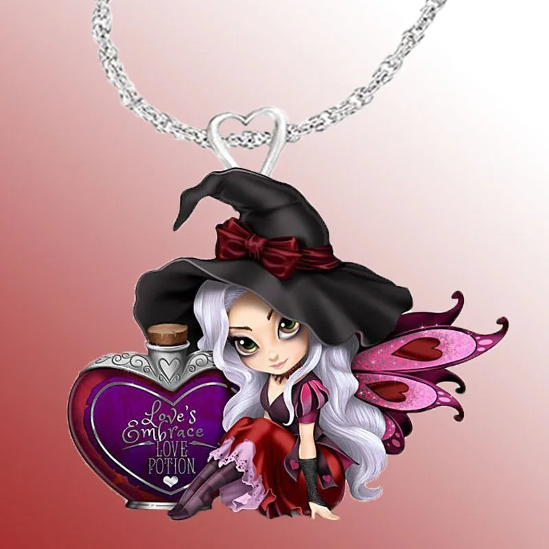 

Trendy Cartoon Witch Perfume Design Resin Pendant Necklace for Women Girl Purple Butterfly Wings Women's Necklace Party Jewelry