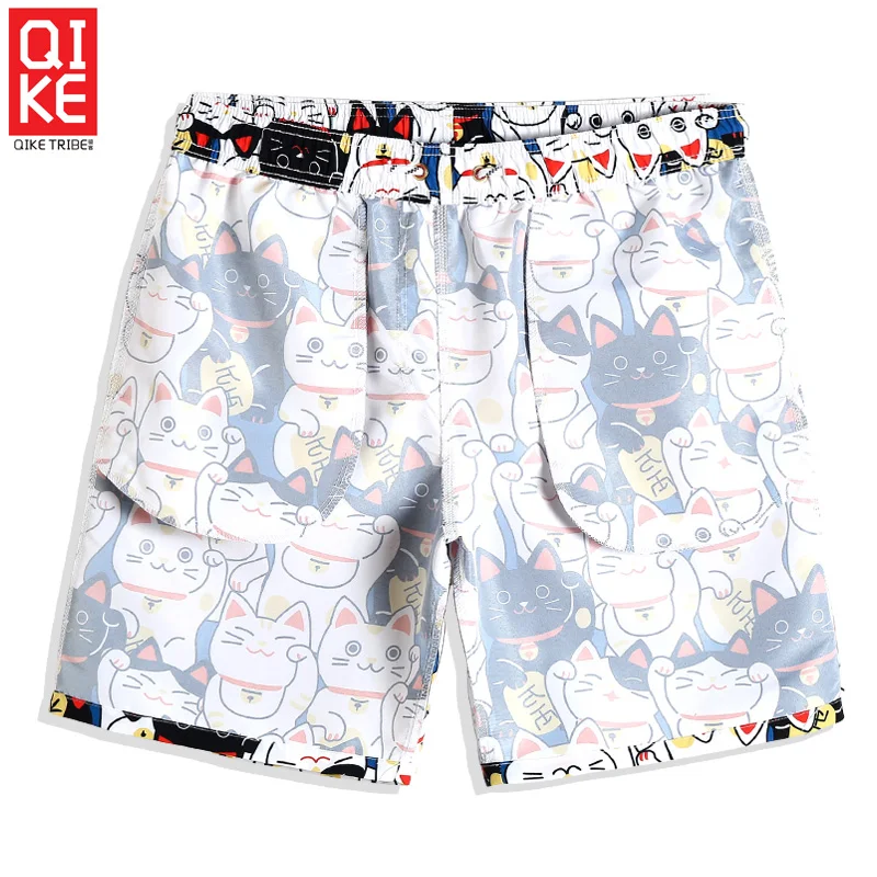 Летние мужские пляжные шорты с мультяшным котом Гавайские Бермуды для бега