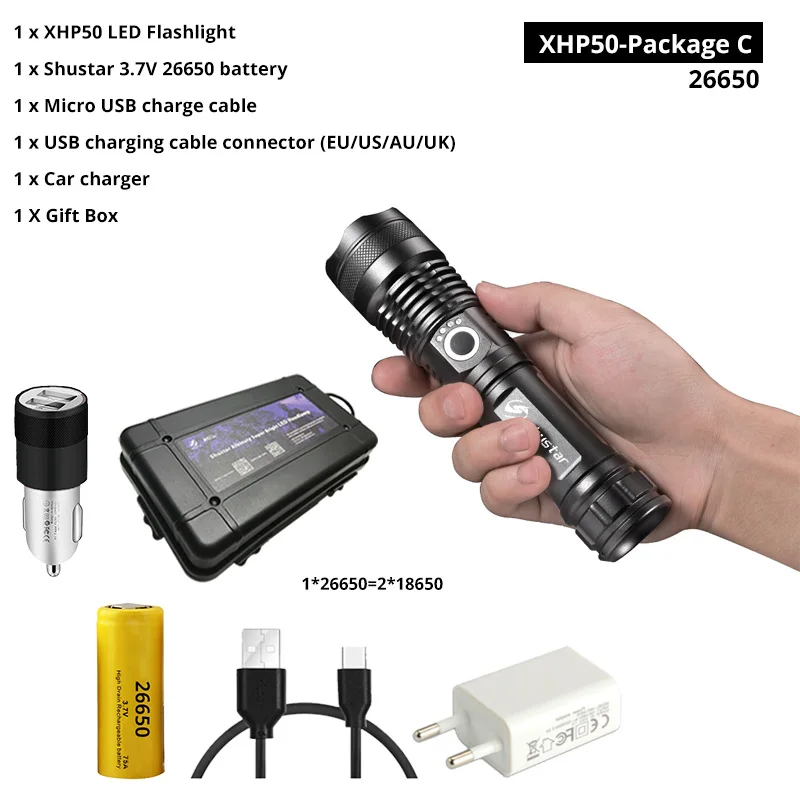 XHP50-26650-C Супер яркий Мощный светодиодный фонарь с XHP 70,2, тактический светодиодный фонарь с бусинами, поддержка зума, 3 режима освещения, портативный фонарь - Испускаемый цвет: XHP50-26650-C