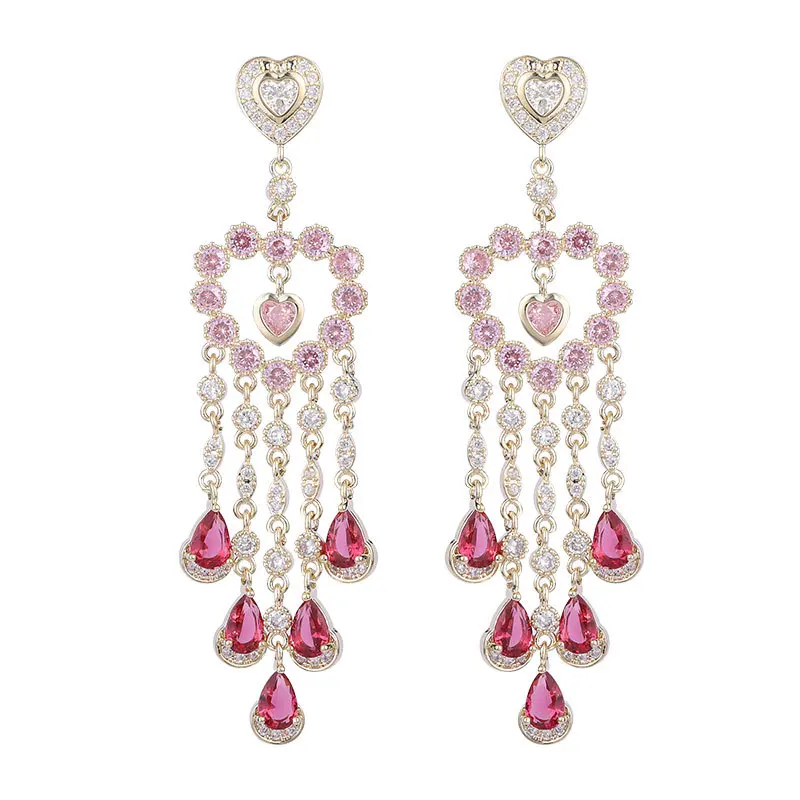 

Temperament Long Tassel Heart Dangle Earrings Luxury Jewelry Shining Crystal Wedding Party Eardrop Brand Pendant Earrings
