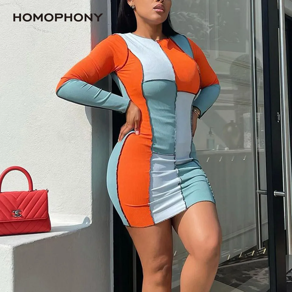 

Homophony Autumn Bodycon Mini Dress Skinny Party Club Long Sleeve Patchwork Dresses 2021 Women Street Wear Clothes Outfits