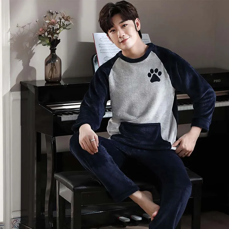 

Winter Long Sleeve Thick Warm Flannel Pajama Sets for Men Coral Velvet Sleepwear Suit Pyjamas Lounge Homewear Home Clothes