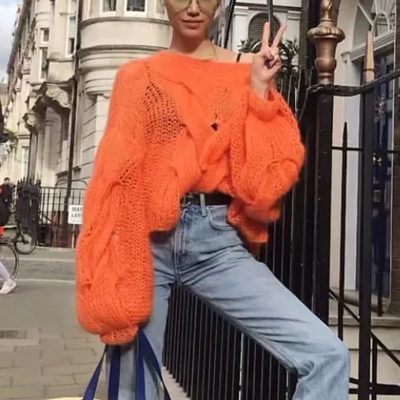 Misswim Casual loose mohair women pullover Autumn winter oversized sweater female lantern sleeve orange sweater jumpers mujer