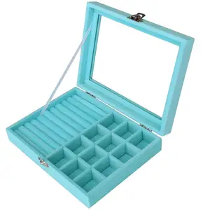 Женский Органайзер SZanbana, многофункциональный бархатный лоток с прозрачной крышкой для ювелирных изделий, демонстрация колец, серег, ожерелий, браслетов, голубая коробка