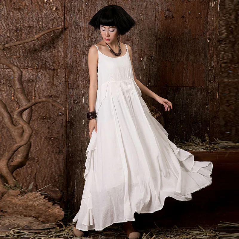 

2021 summer new cotton and hemp women's elegant spray dyed suspender dress double layer super large fairy skirt