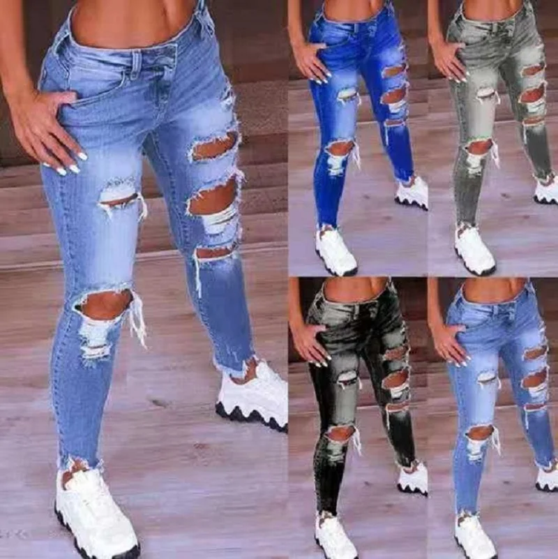 

New Street Style, Low-Rise Hip-Raising Jeans, Ripped Stretch Casual Trouser