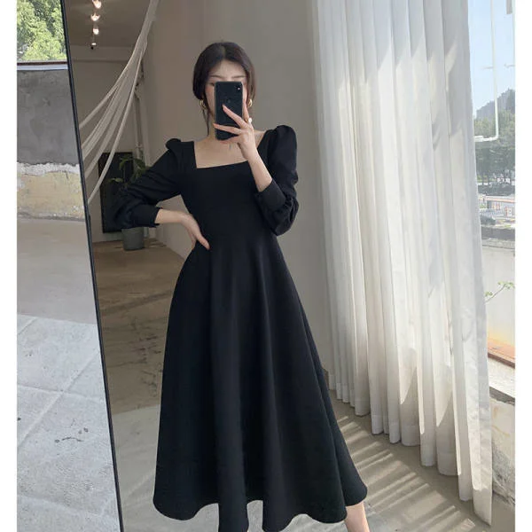 

Black Dress Waist-Tight Collar Dress 2021new Women's Clothing Small Style Long Dress Autumn ClothingNuyoah