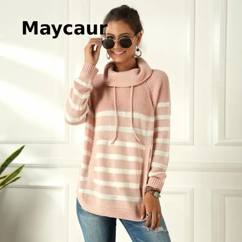 

Sweaters For Women Pullover 2021 Turtleneck Thickened Two Lapel Retro Sweater Winter Clothes Stripe Jumper Pull Femme