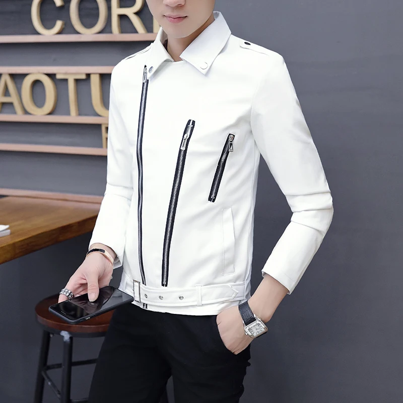 

Nice Autumn VogueOblique Zipper Belt Faux Leather Men Jacket Motorcycle Leather Jacket Men Slim Fit Jacket Coat