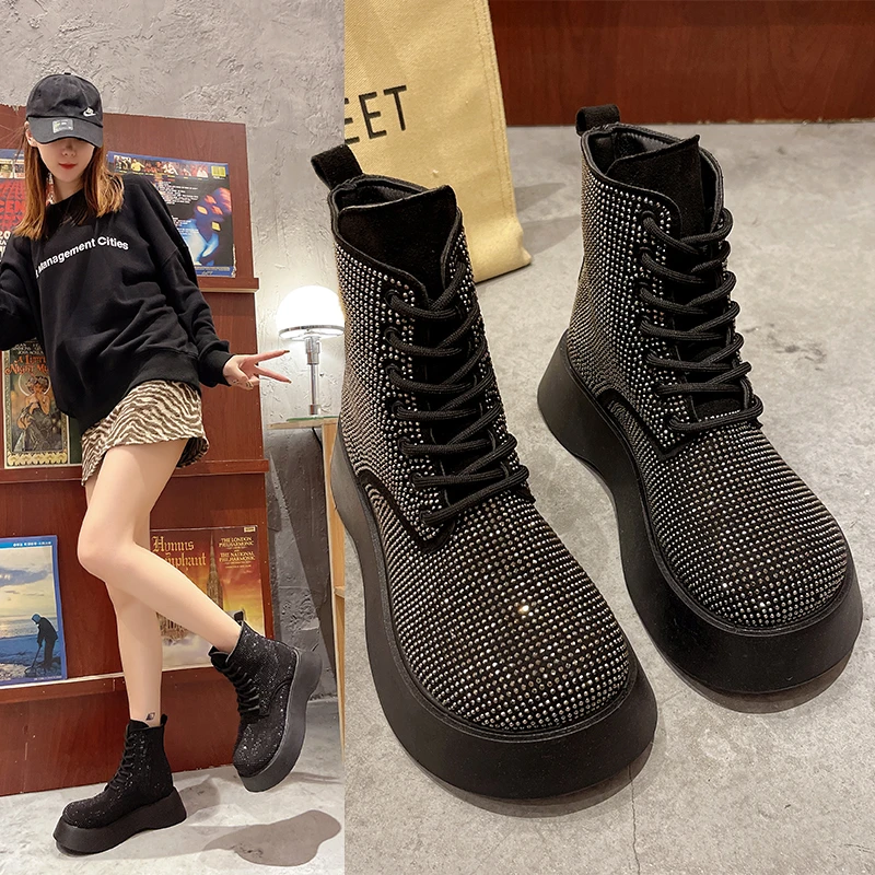 

British style thick-soled short boots trend new full diamond all-match short boots women spring and autumn single boots