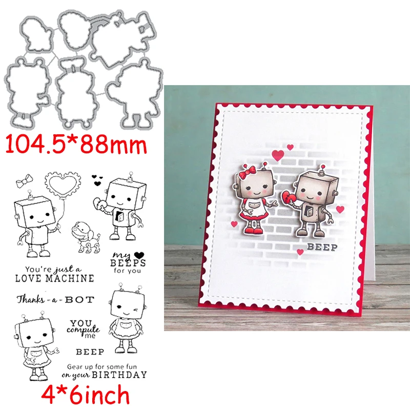 

Love Machine Beeps For You Die Cut+Clear Stamp Lovely Robot&Phrases Die Cuts And Stamps For Card Making 2020