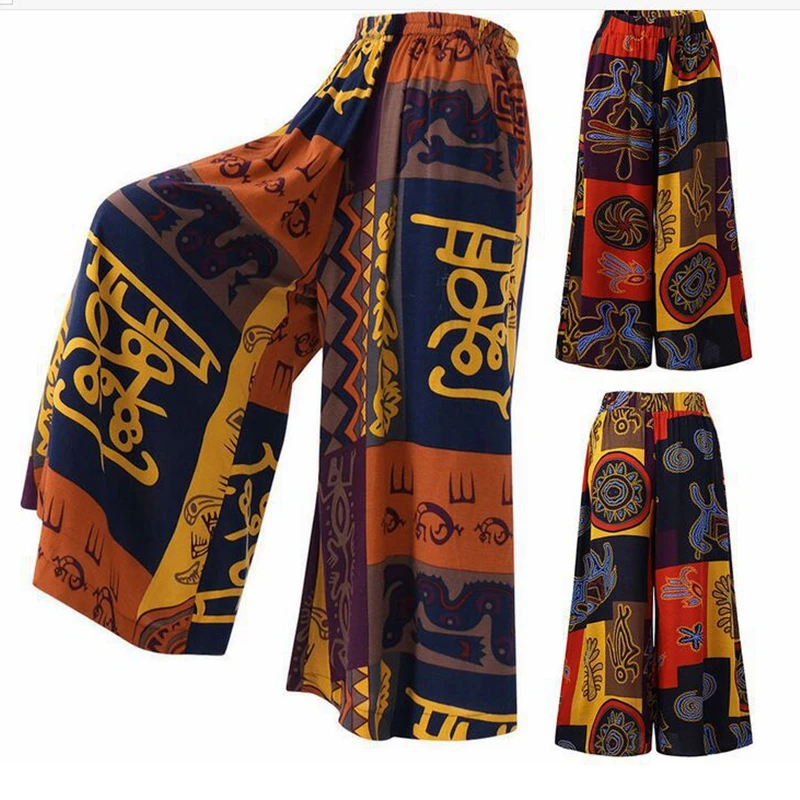 

Loose Wide Leg Pants Women Summer Fashion Print Plus Size Casual Cotton Linen Women Bottoms Pants LUGENTOLO