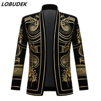men england style embroidery court tuxedo vintage golden black velvet blazers male singer host bar stage performance suit jacket