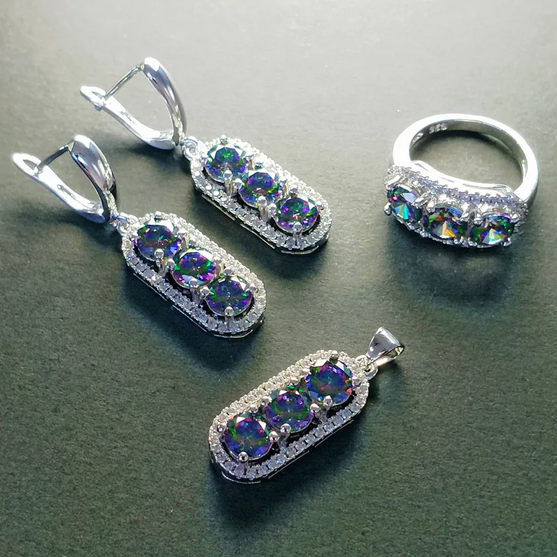 Bague Ringen, геометрическое серебро 925, ювелирные наборы для женщин, сапфир, рубин, аметист, изумруд, кольцо с камнями, серьги, ожерелье, вечерние