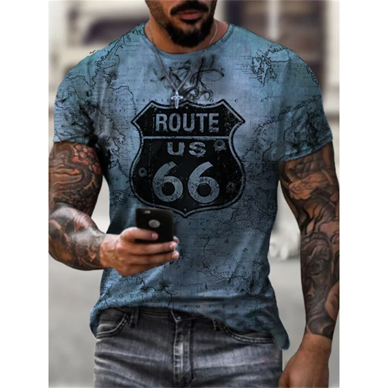 

2021 new 3D printing Route 66 printed T-shirt O-neck urban trend European and American men's short-sleeved T-shirt XXS-6XL