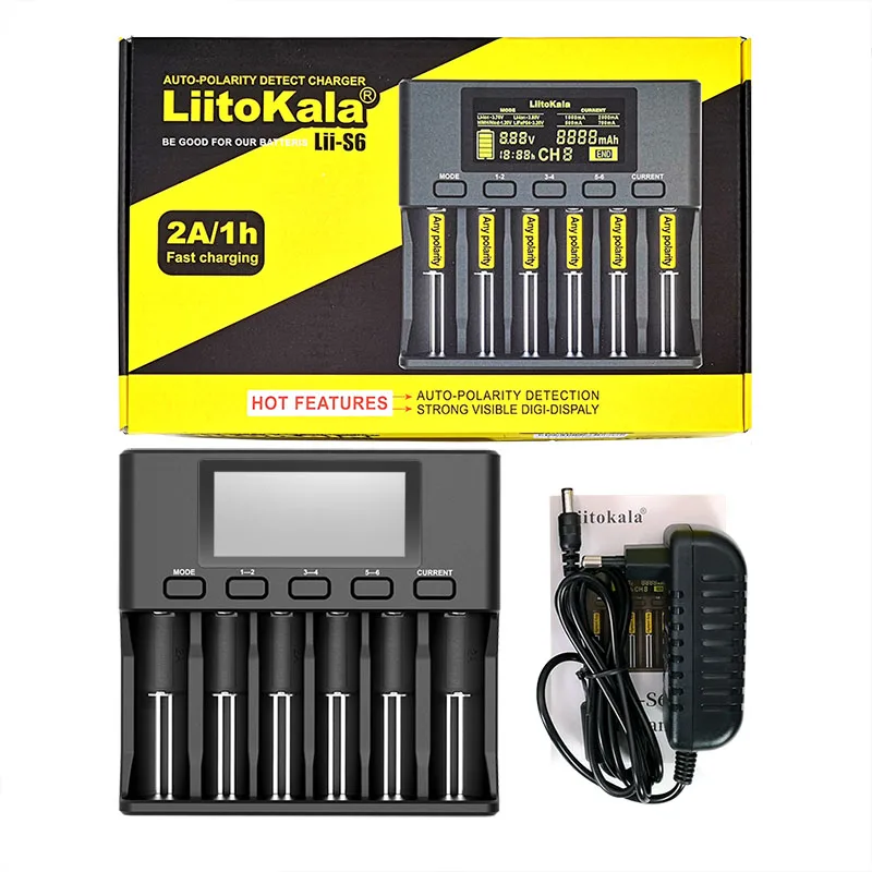 

Liitokala Lii-S6 18650 charger 3.2v 3.7v 6-slot auto-polarity detect 26650 21700 14500 aa aaa batteries 1.2V 3.85V NiMH NI-CD