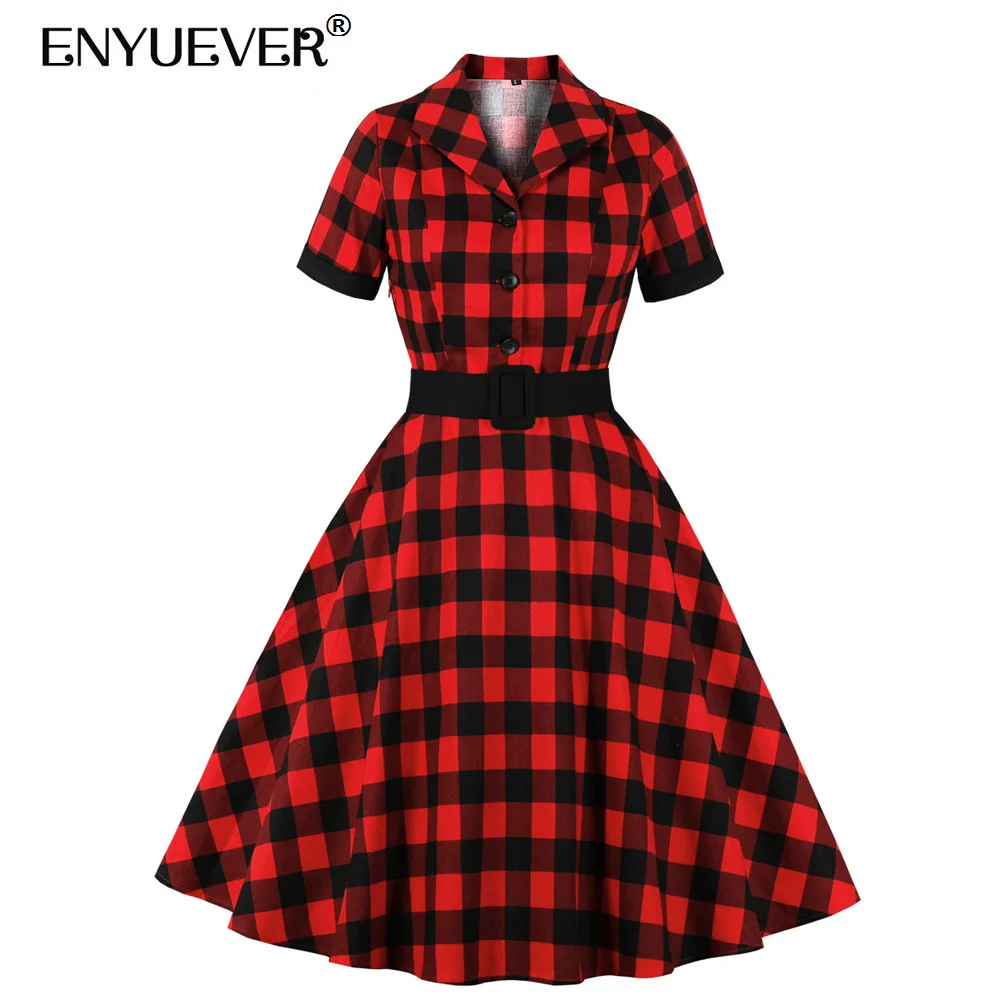 

Enyuever Preppy Style Vintage Dress Women Summer Short Sleeve Button Belt Cotton Gingham Pin Up Swing Red Plaid Casual Dresses