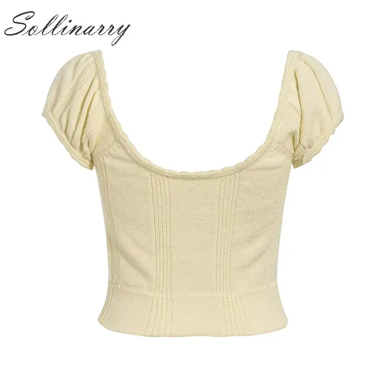 Sollinarry светло-желтые шикарные вязаные свитера Топы женские 2019 с коротким рукавом